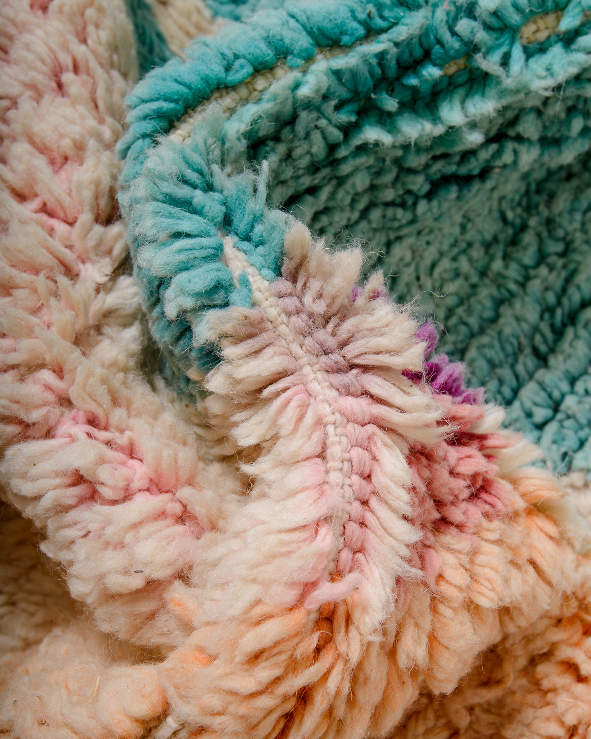 Modern, designer, handcrafted Berber rug from Morocco. Vintage carpet with beautiful colours and patterns and fluffy texture.