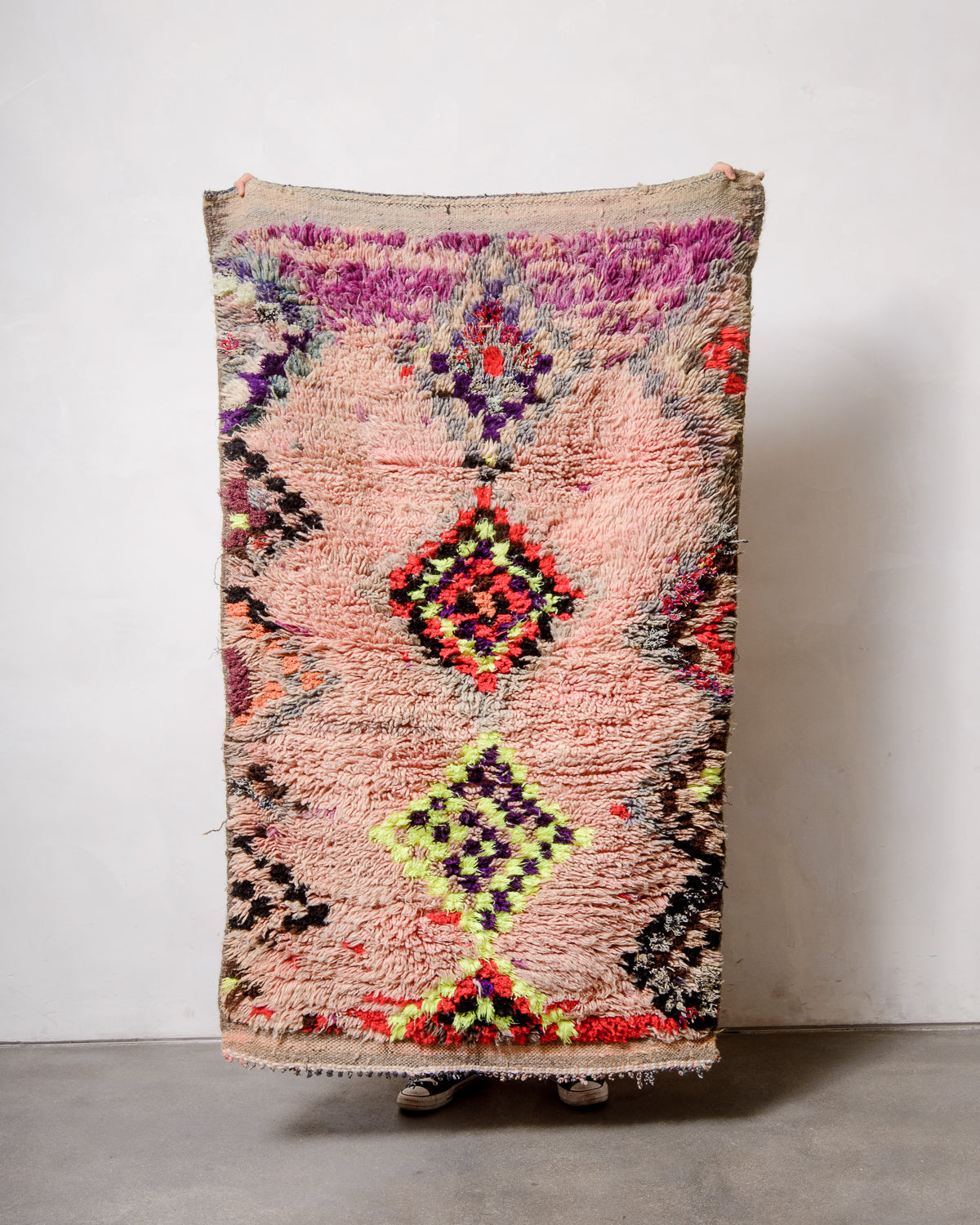 Modern, designer, handcrafted Berber rug from Morocco. Vintage carpet with beautiful colours and patterns and fluffy texture.