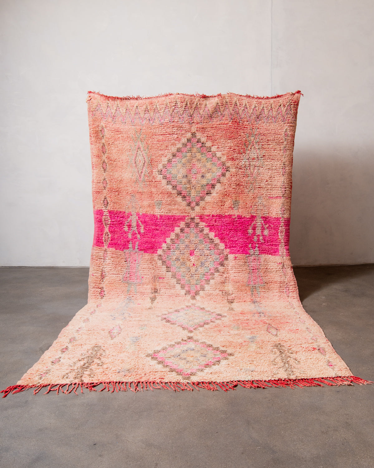 Modern, designer, handcrafted Berber rug from Morocco. Vintage carpet with beautiful colours and patterns and fluffy texture.