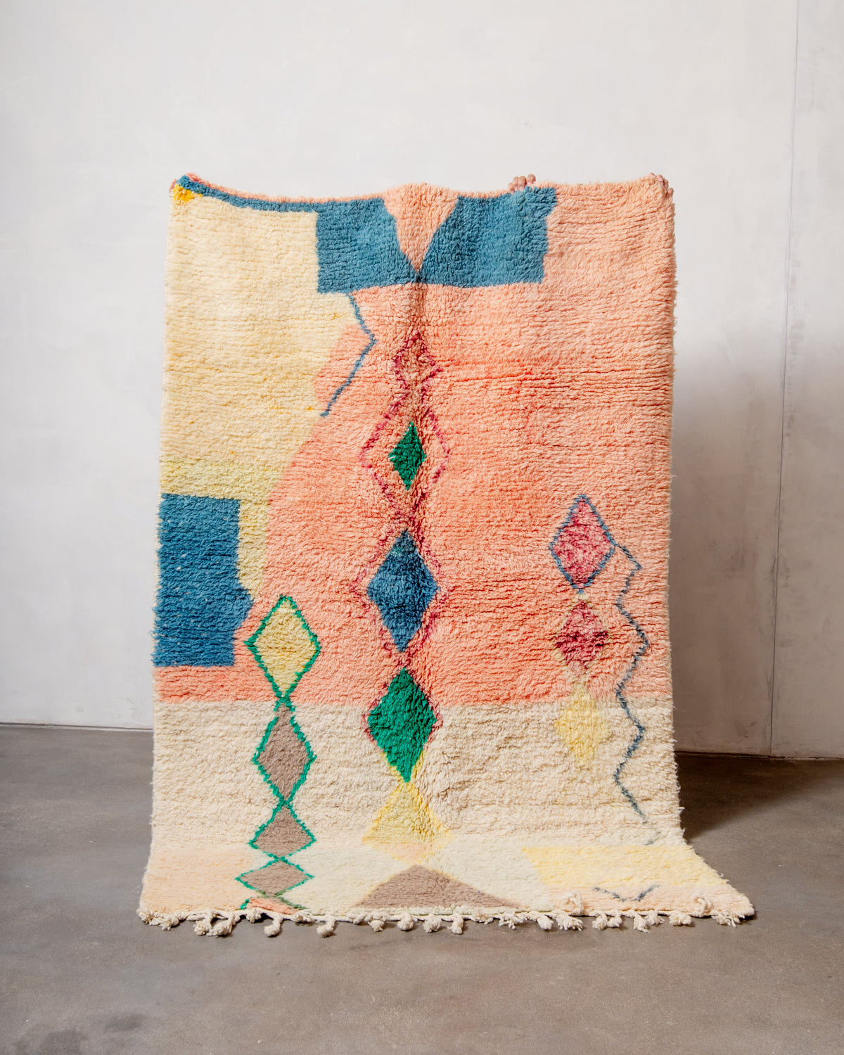 Modern, designer, handcrafted Berber rug from Morocco. Vintage carpet with beautiful colours and patterns and fluffy texture.