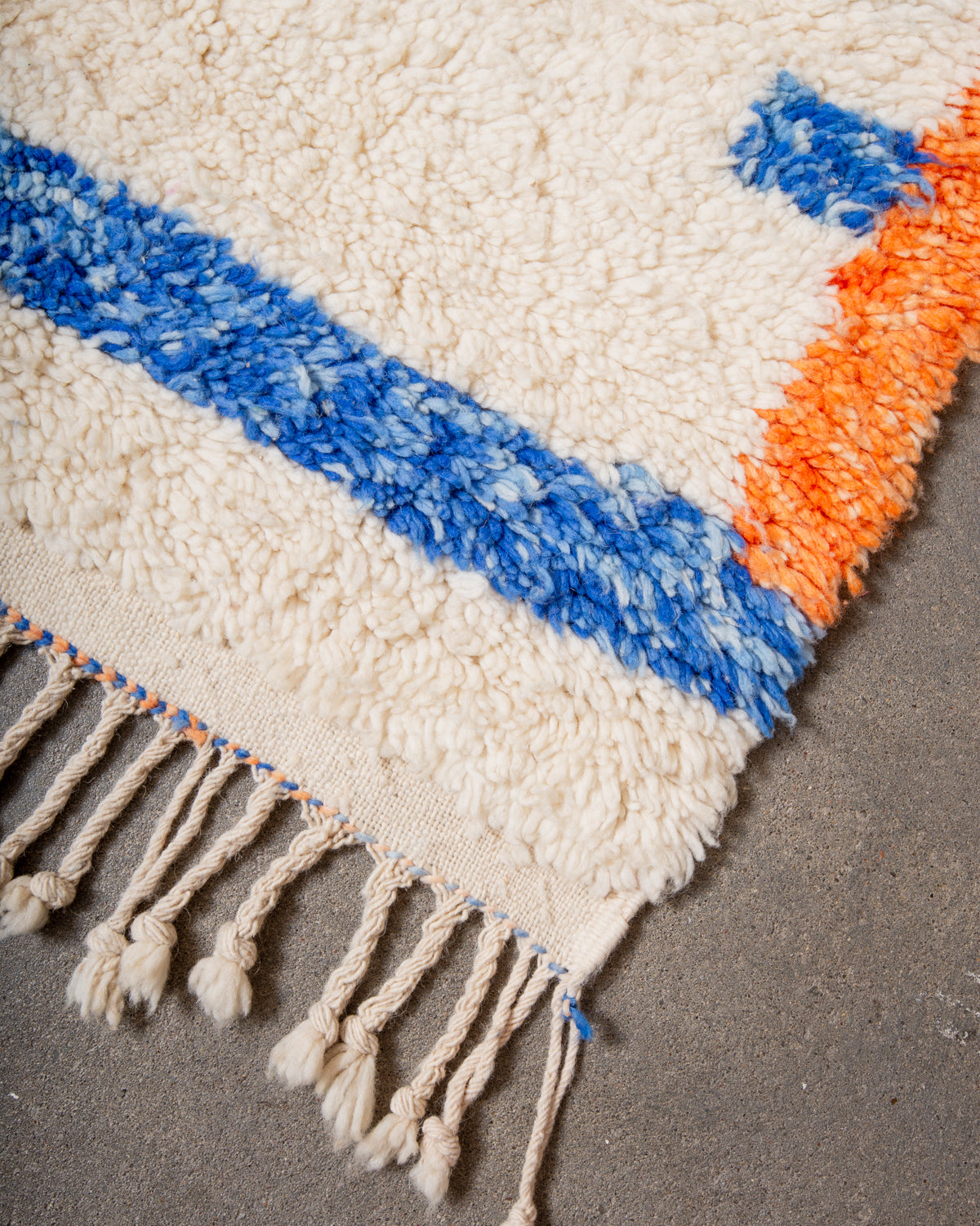 Modern, designer, handcrafted Berber rug from Morocco. Vintage carpet with beautiful colours and patterns and fluffy texture.
