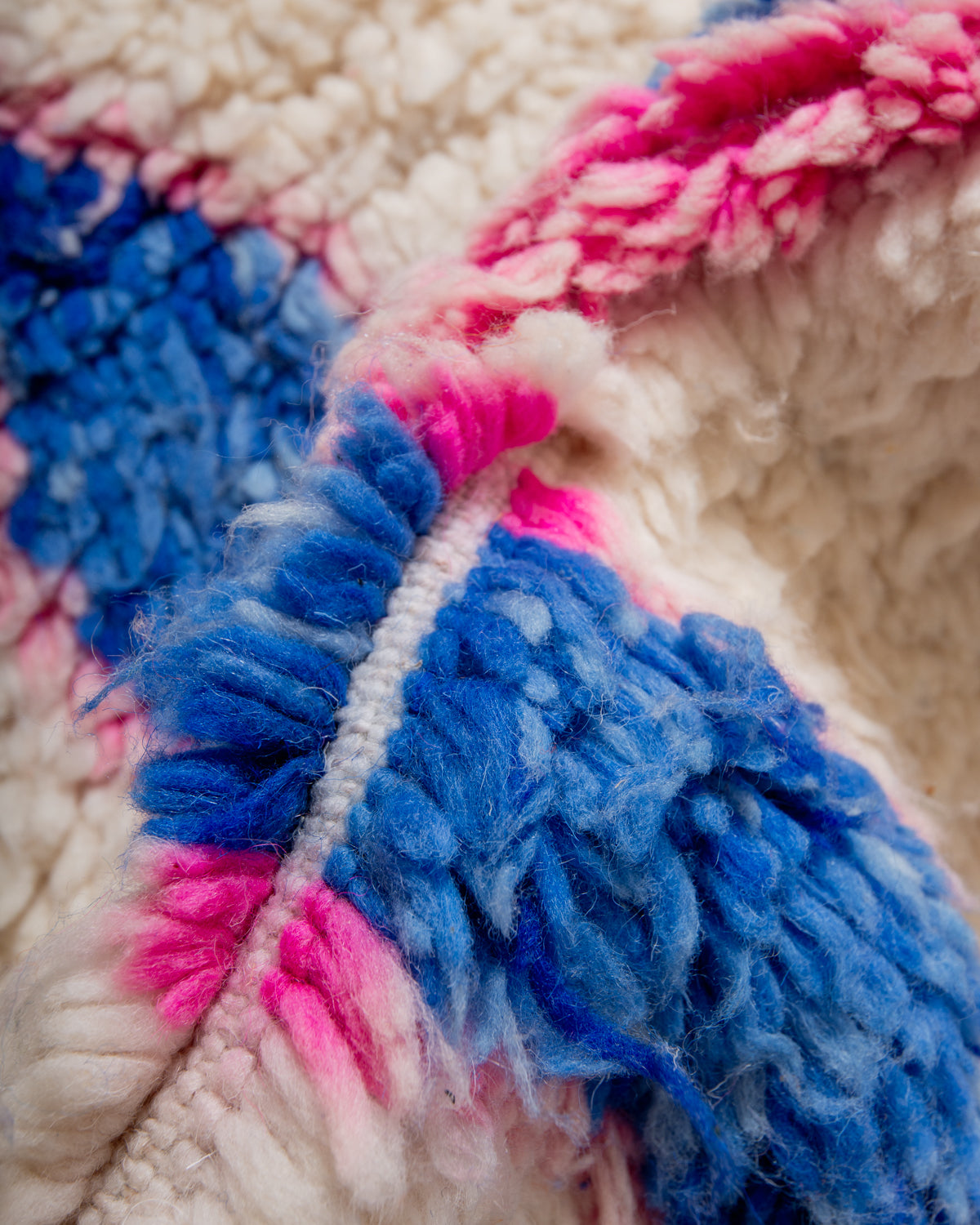 Modern, designer, handcrafted Berber rug from Morocco. Vintage carpet with beautiful colours and patterns and fluffy texture.