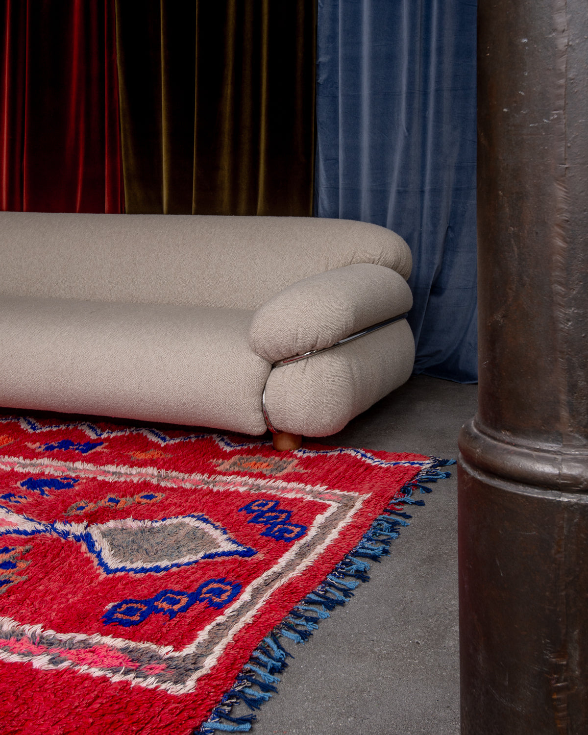 Modern, designer, handcrafted Berber rug from Morocco. Vintage carpet with beautiful colours and patterns and fluffy texture.