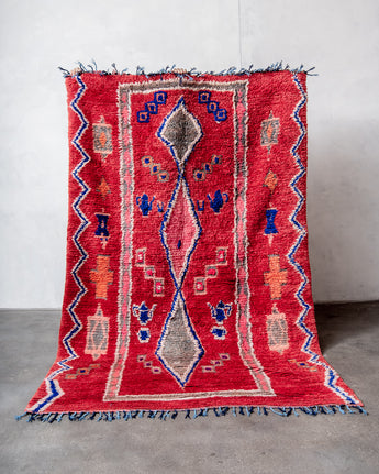 Modern, designer, handcrafted Berber rug from Morocco. Vintage carpet with beautiful colours and patterns and fluffy texture.