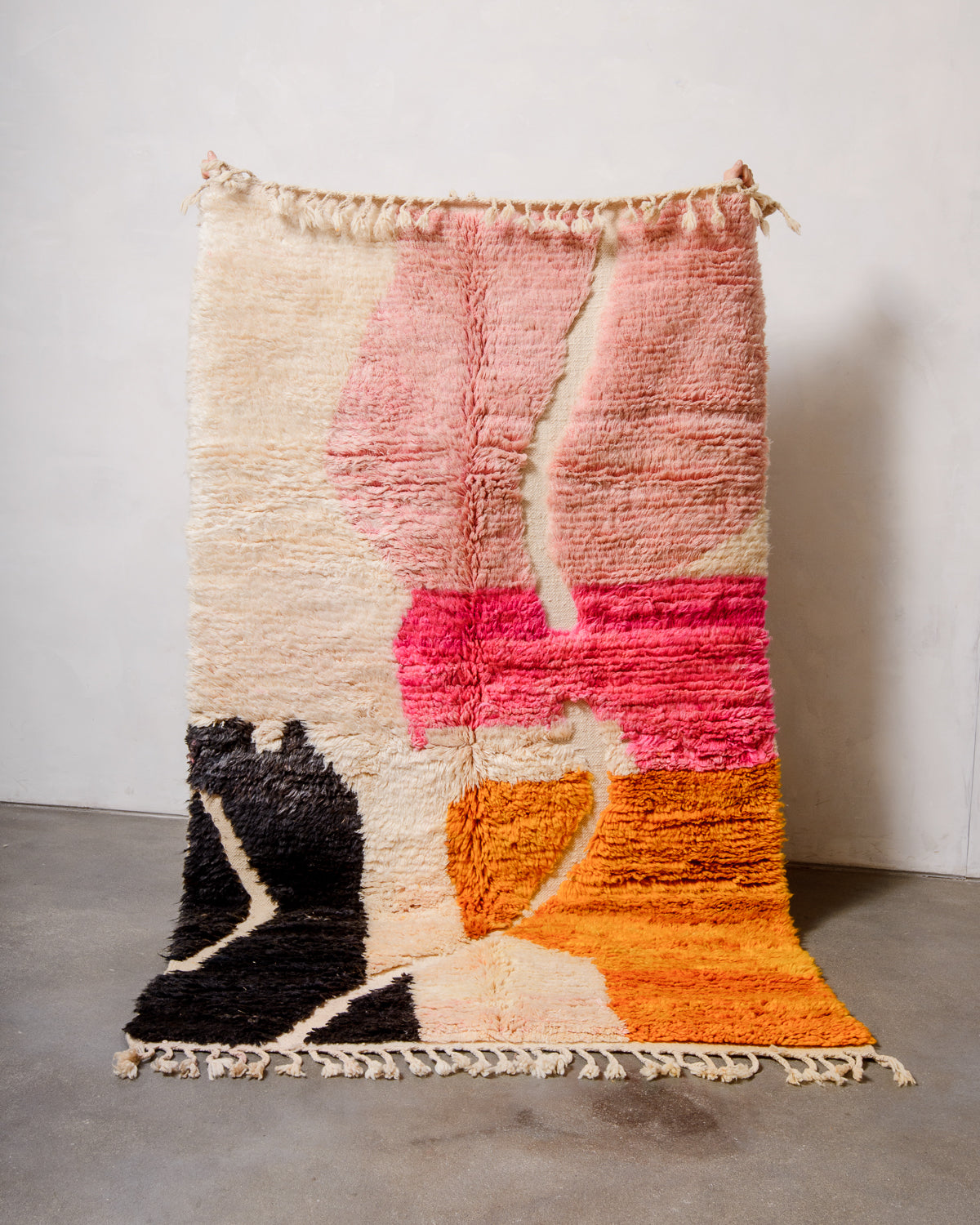 Modern, designer, handcrafted Berber rug from Morocco. Vintage carpet with beautiful colours and patterns and fluffy texture.