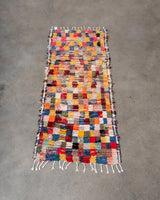 Modern designer vintage handcrafted Berber rug from Morocco. Boucherouite runner rug with beautiful colors and patterns.