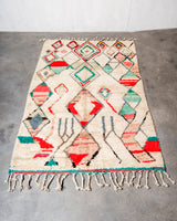 Modern, designer, handcrafted Berber rug from Morocco. Vintage carpet with beautiful colours and patterns and fluffy texture.