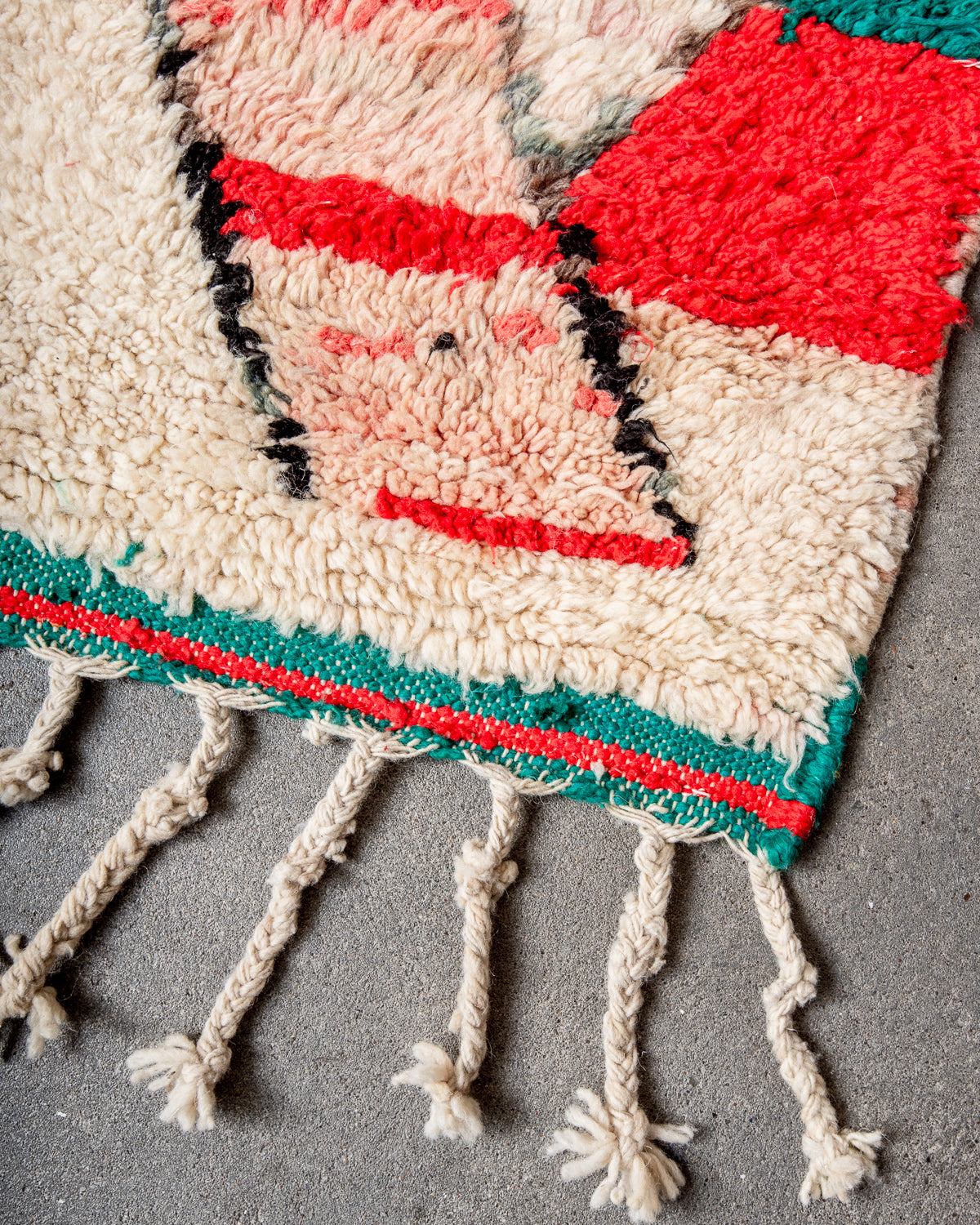 Modern, designer, handcrafted Berber rug from Morocco. Vintage carpet with beautiful colours and patterns and fluffy texture.