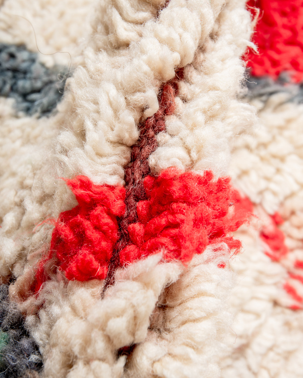 Modern, designer, handcrafted Berber rug from Morocco. Vintage carpet with beautiful colours and patterns and fluffy texture.