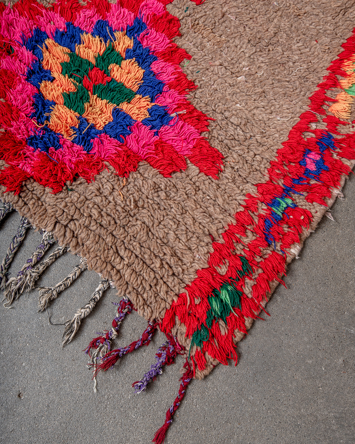 Modern, designer, handcrafted Berber runner rug from Morocco. Vintage carpet with beautiful colours and patterns and fluffy texture.