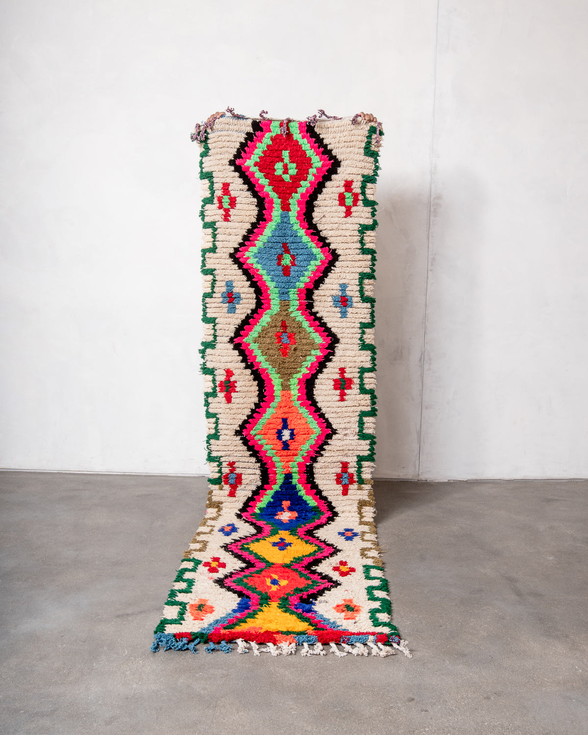 Modern, designer, handcrafted Berber runner rug from Morocco. Vintage carpet with beautiful colours and patterns and fluffy texture.
