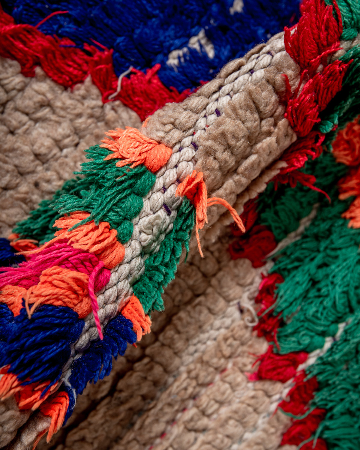 Modern, designer, handcrafted Berber runner rug from Morocco. Vintage carpet with beautiful colours and patterns and fluffy texture.