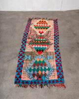 Modern, designer, handcrafted Berber runner rug from Morocco. Vintage carpet with beautiful colours and patterns and fluffy texture.