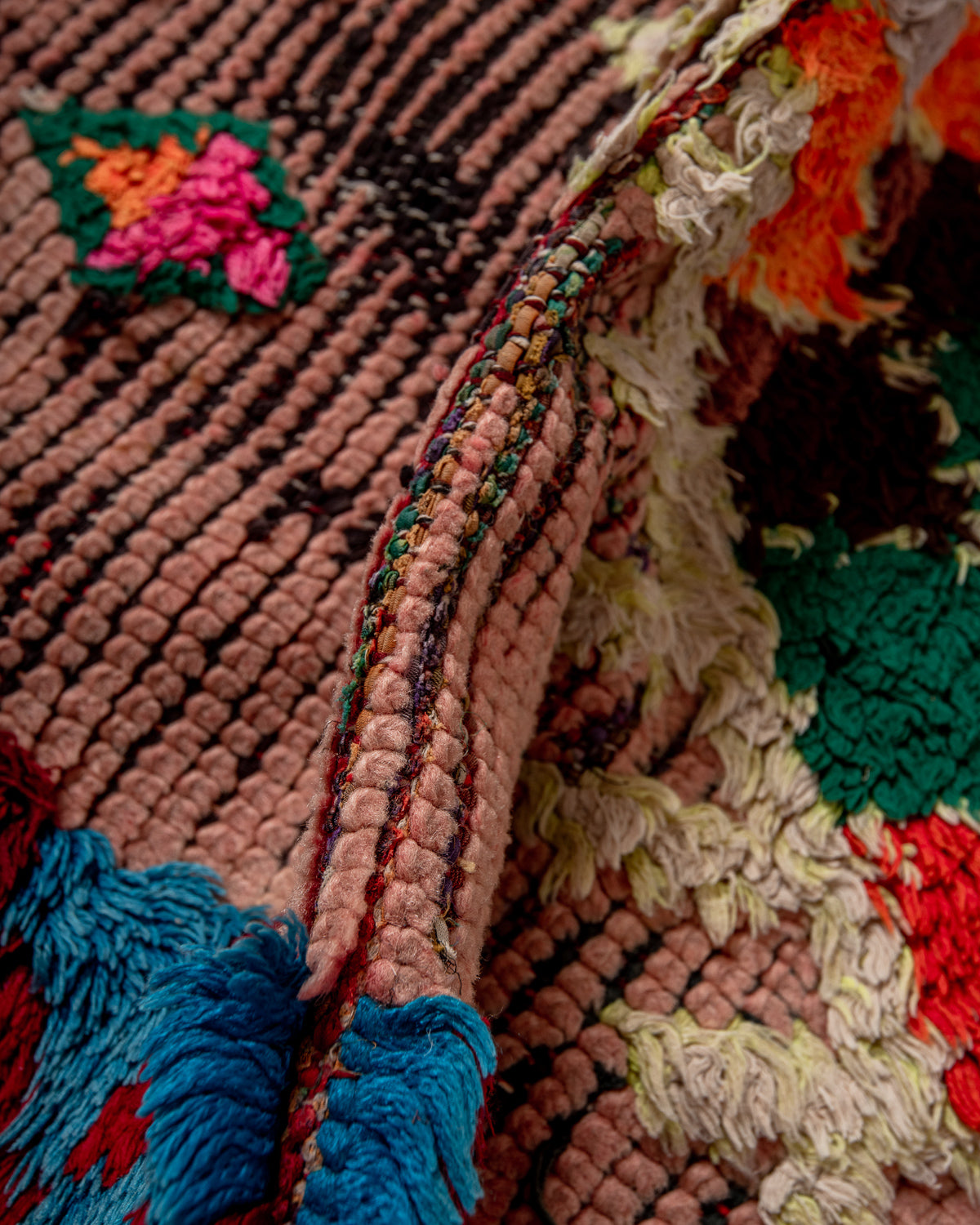 Modern, designer, handcrafted Berber runner rug from Morocco. Vintage carpet with beautiful colours and patterns and fluffy texture.