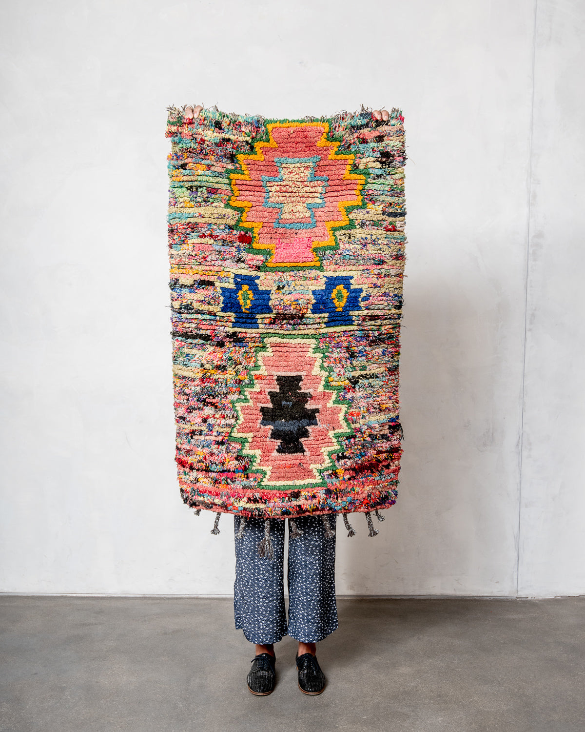 Modern, designer, handcrafted Berber runner rug from Morocco. Vintage carpet with beautiful colours and patterns and fluffy texture.