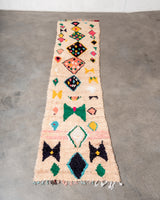 Modern, designer, handcrafted Berber runner rug from Morocco. Vintage carpet with beautiful colours and patterns and fluffy texture.