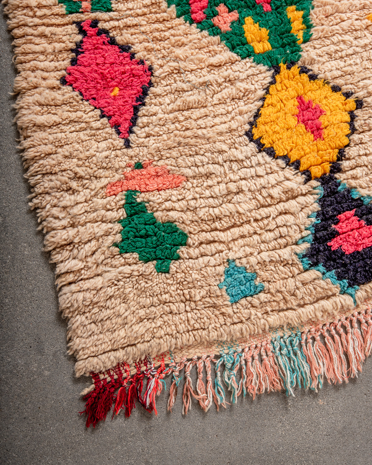 Modern, designer, handcrafted Berber runner rug from Morocco. Vintage carpet with beautiful colours and patterns and fluffy texture.