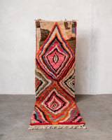 Modern, designer, handcrafted Berber runner rug from Morocco. Vintage carpet with beautiful colours and patterns and fluffy texture.