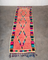 Modern, designer, handcrafted Berber runner rug from Morocco. Vintage carpet with beautiful colours and patterns and fluffy texture.