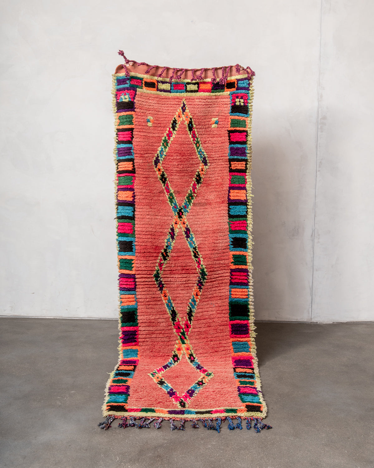 Modern, designer, handcrafted Berber runner rug from Morocco. Vintage carpet with beautiful colours and patterns and fluffy texture.