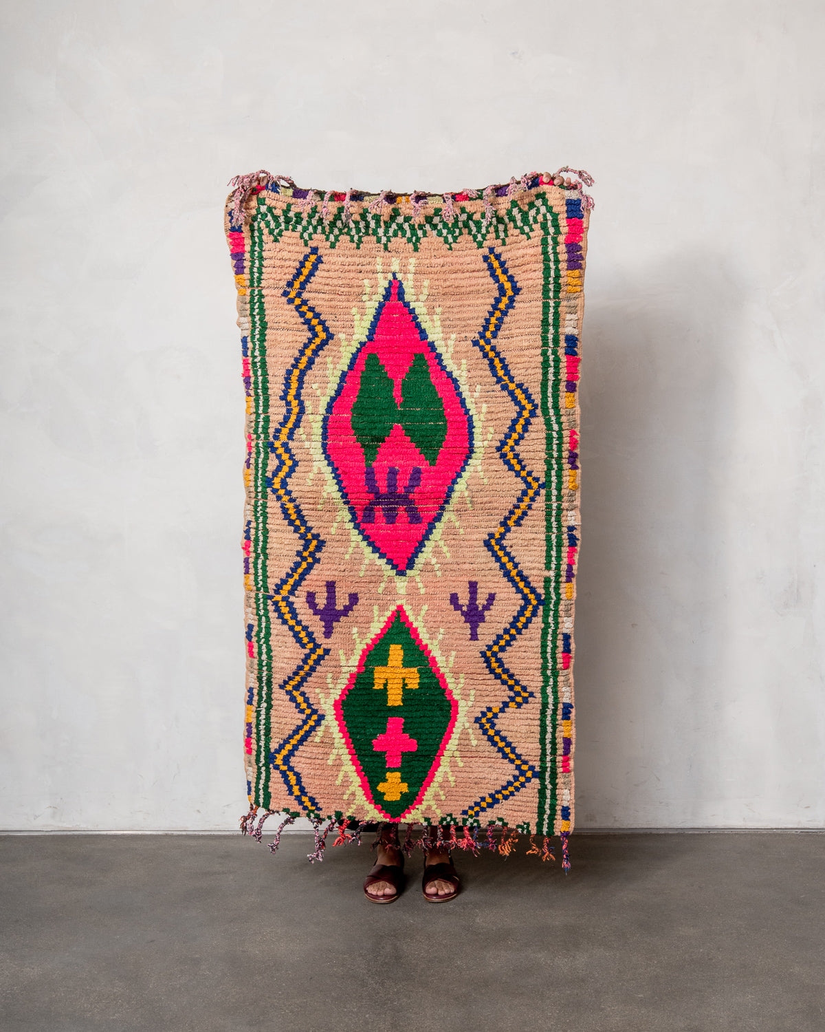 Modern, designer, handcrafted Berber runner rug from Morocco. Vintage carpet with beautiful colours and patterns and fluffy texture.