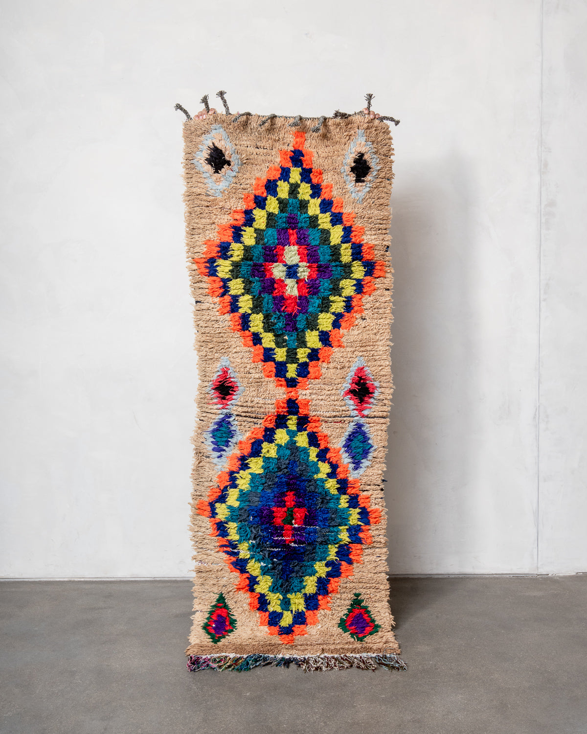 Modern, designer, handcrafted Berber runner rug from Morocco. Vintage carpet with beautiful colours and patterns and fluffy texture.