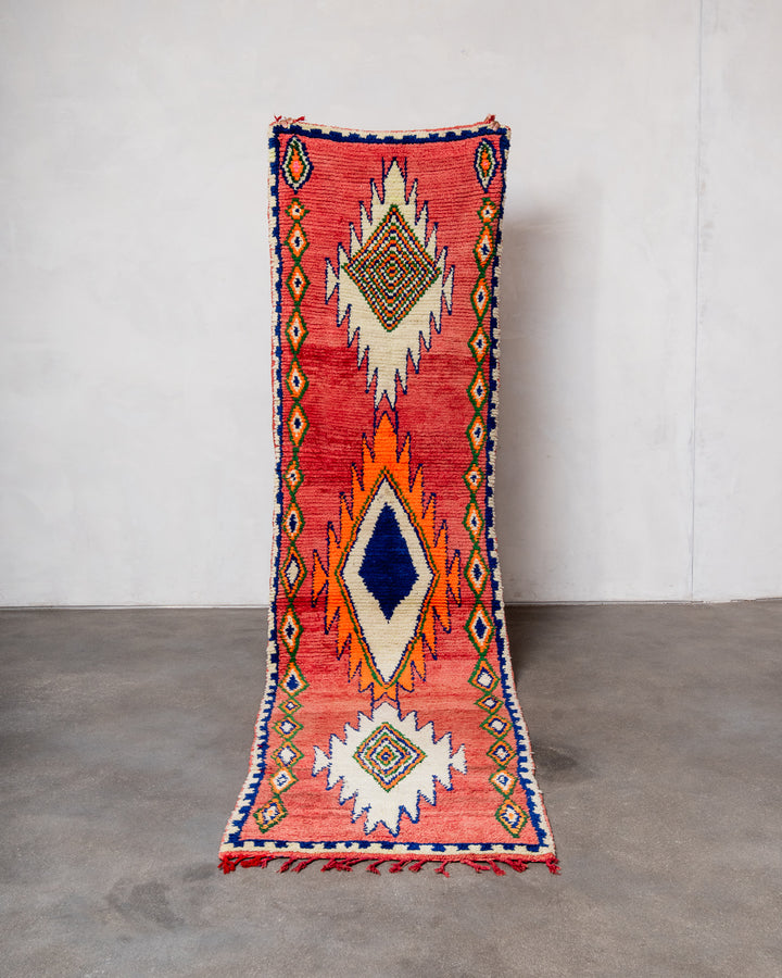 Modern, designer, handcrafted Berber runner rug from Morocco. Vintage carpet with beautiful colours and patterns and fluffy texture.