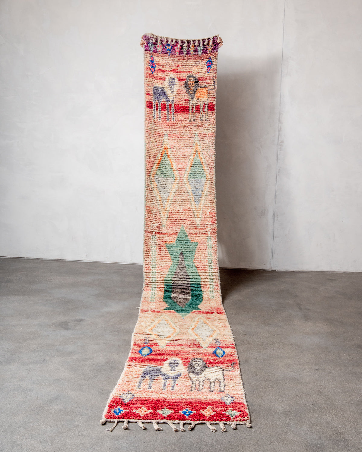 Modern, designer, handcrafted Berber runner rug from Morocco. Vintage carpet with beautiful colours and patterns and fluffy texture.