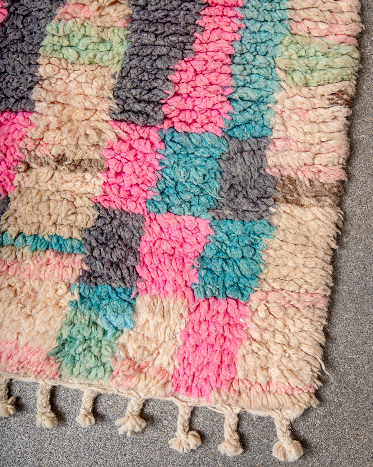 Modern, designer, handcrafted Berber runner rug from Morocco. Vintage carpet with beautiful colours and patterns and fluffy texture.