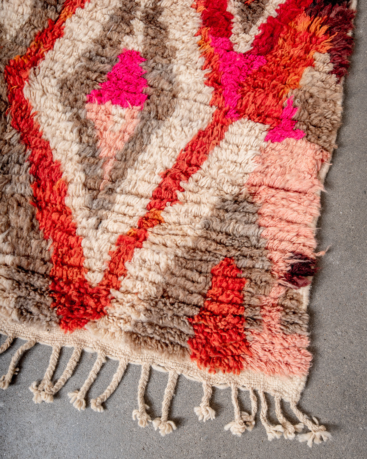 Modern, designer, handcrafted Berber rug from Morocco. Vintage carpet with beautiful colours and patterns and fluffy texture.