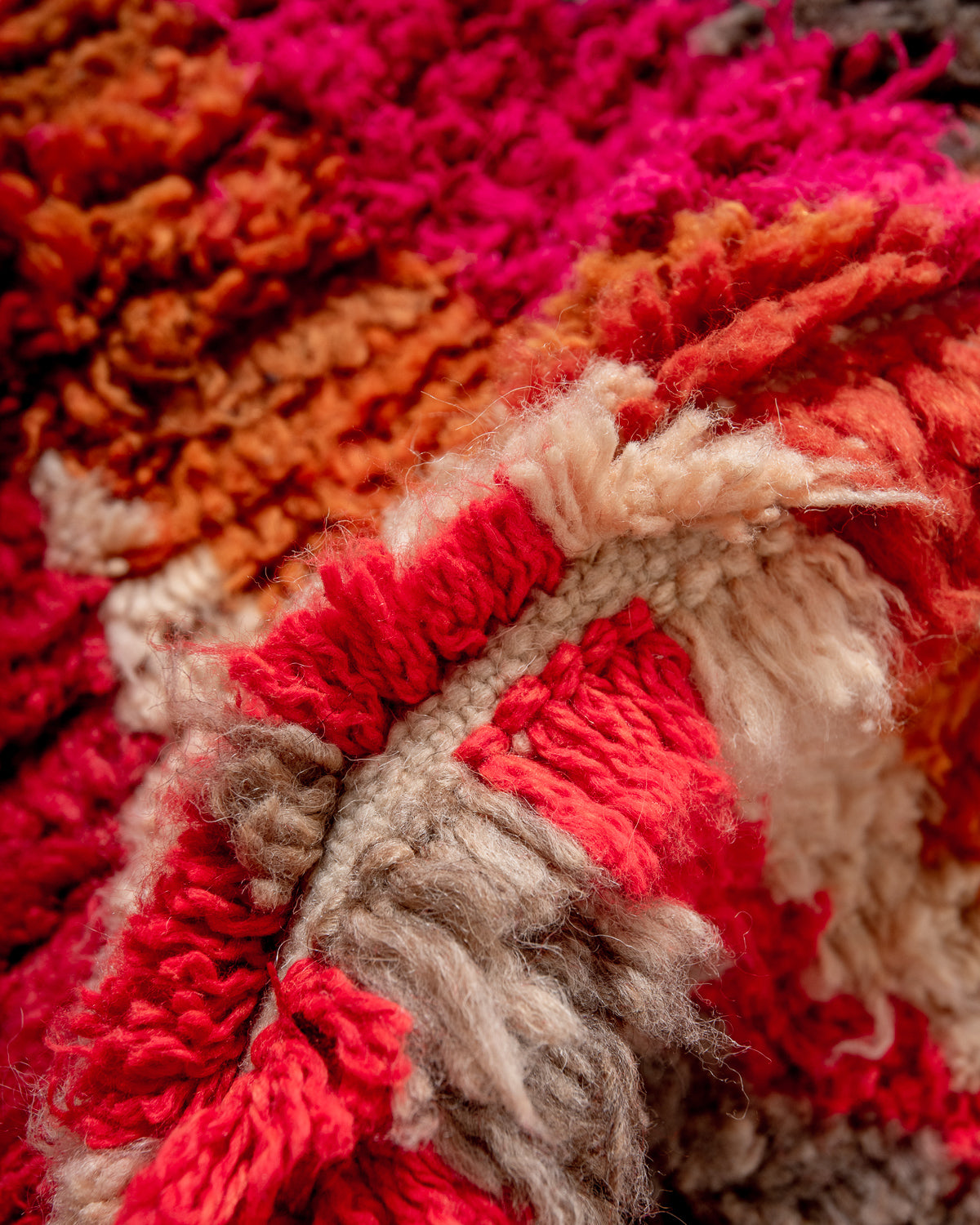 Modern, designer, handcrafted Berber rug from Morocco. Vintage carpet with beautiful colours and patterns and fluffy texture.