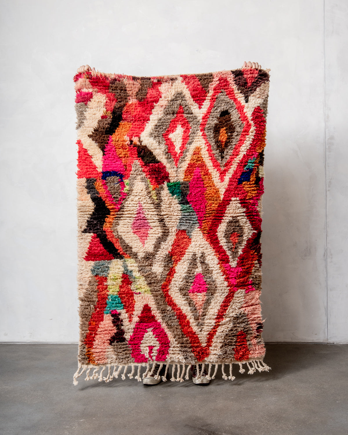 Modern, designer, handcrafted Berber rug from Morocco. Vintage carpet with beautiful colours and patterns and fluffy texture.