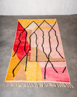 Modern, designer, handcrafted Berber rug from Morocco. Vintage carpet with beautiful colours and patterns and fluffy texture.