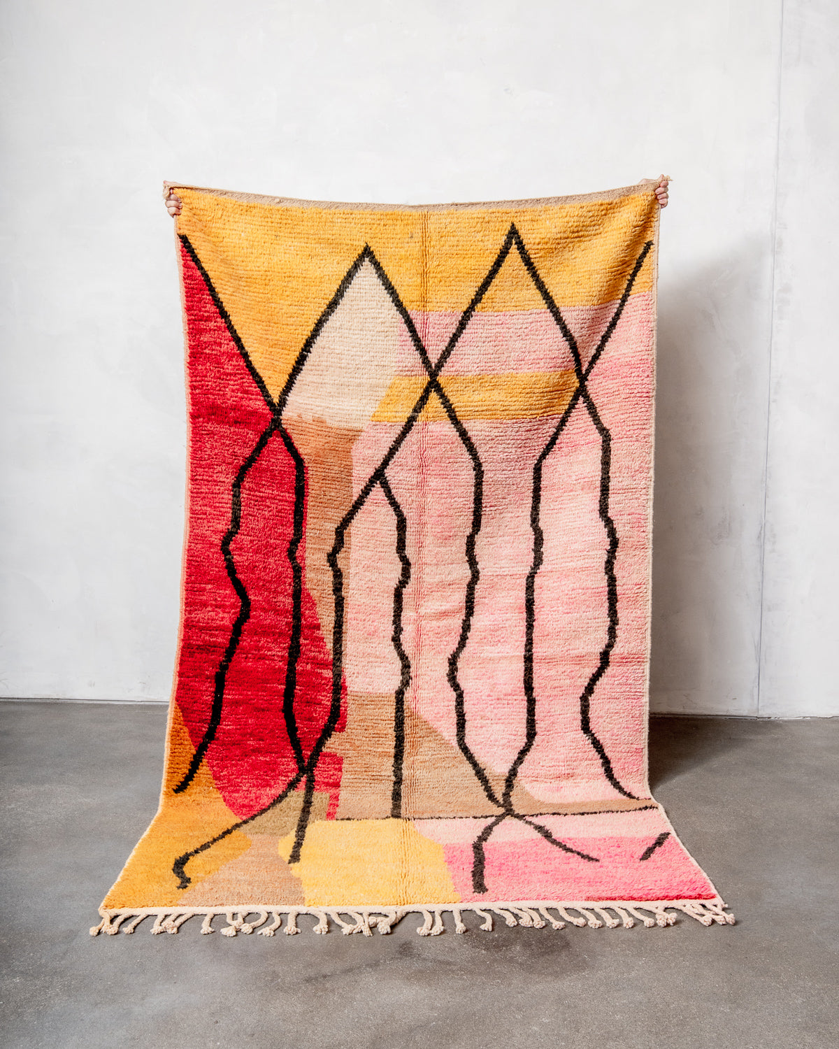 Modern, designer, handcrafted Berber rug from Morocco. Vintage carpet with beautiful colours and patterns and fluffy texture.