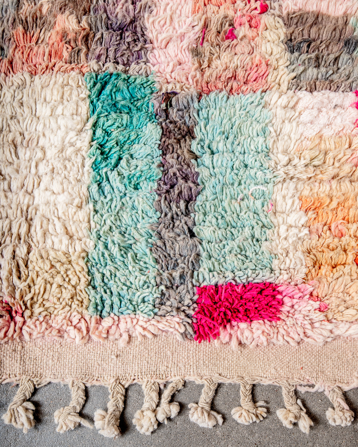 Modern, designer, handcrafted Berber rug from Morocco. Vintage carpet with beautiful colours and patterns and fluffy texture.