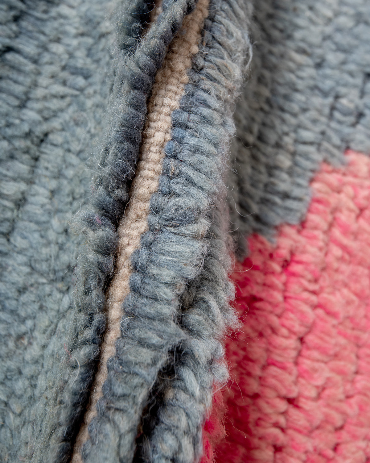 Modern, designer, handcrafted Berber rug from Morocco. Vintage carpet with beautiful colours and patterns and fluffy texture.