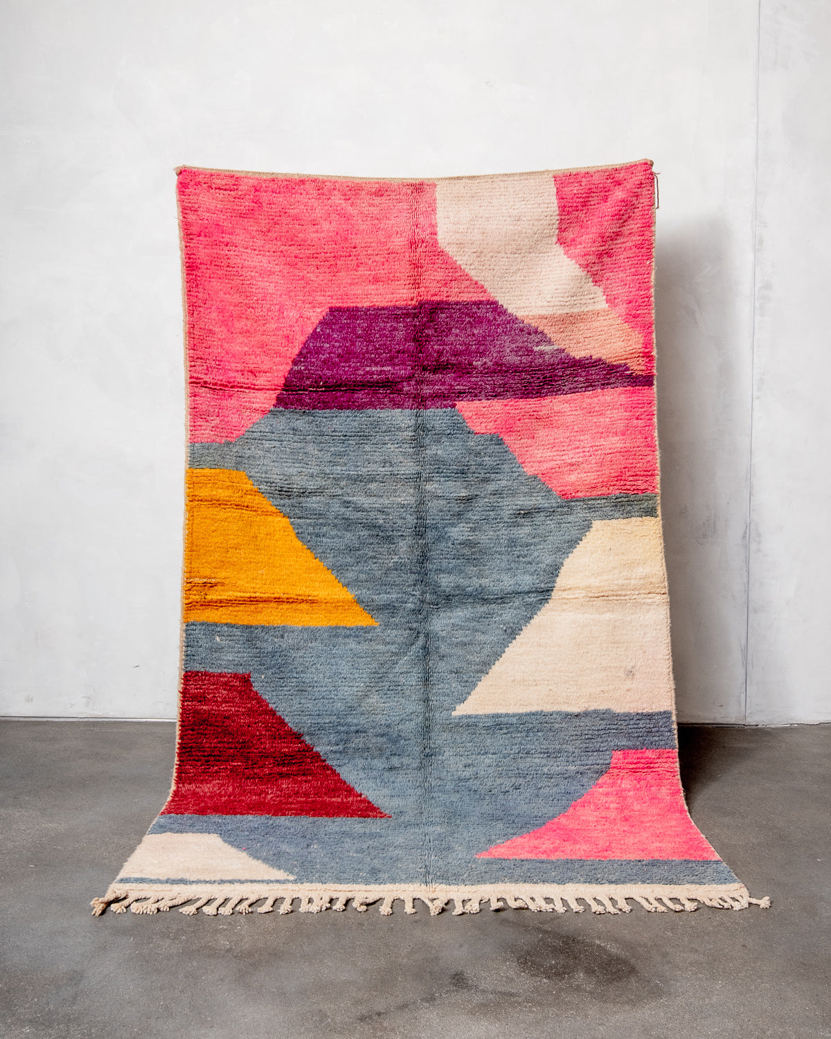 Modern, designer, handcrafted Berber rug from Morocco. Vintage carpet with beautiful colours and patterns and fluffy texture.