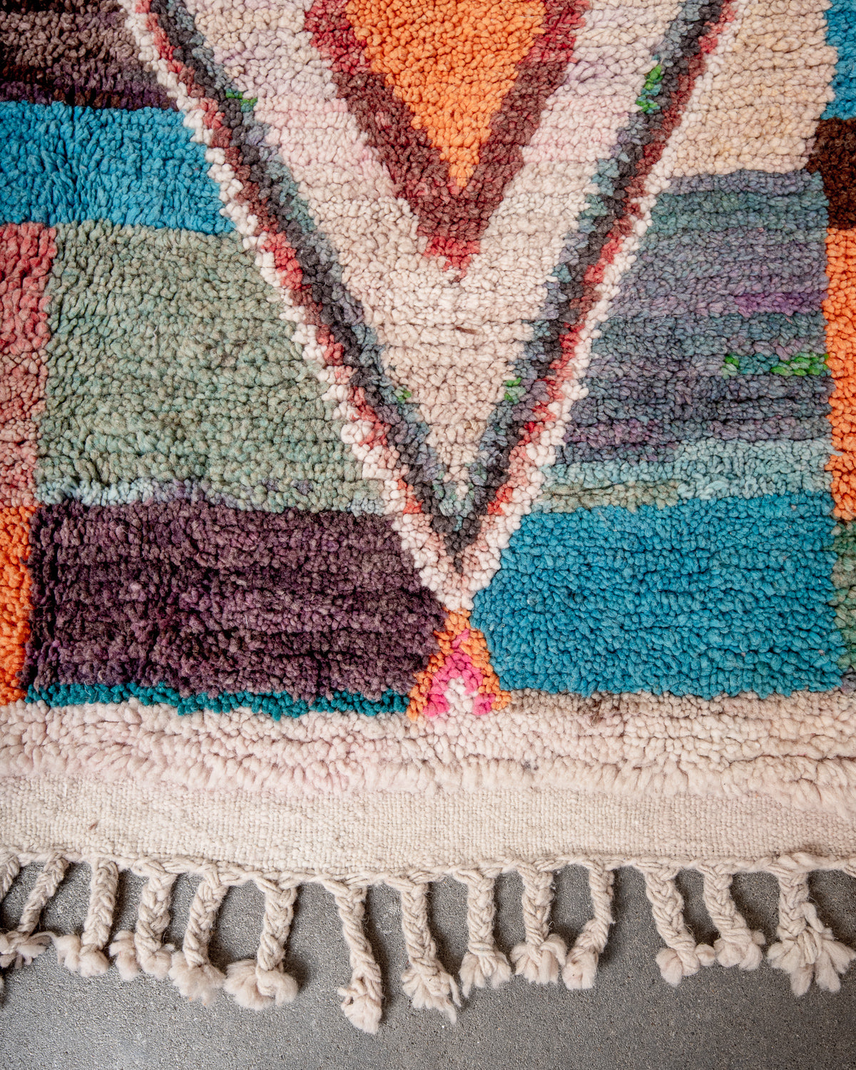 Modern, designer, handcrafted Berber rug from Morocco. Vintage carpet with beautiful colours and patterns and fluffy texture.