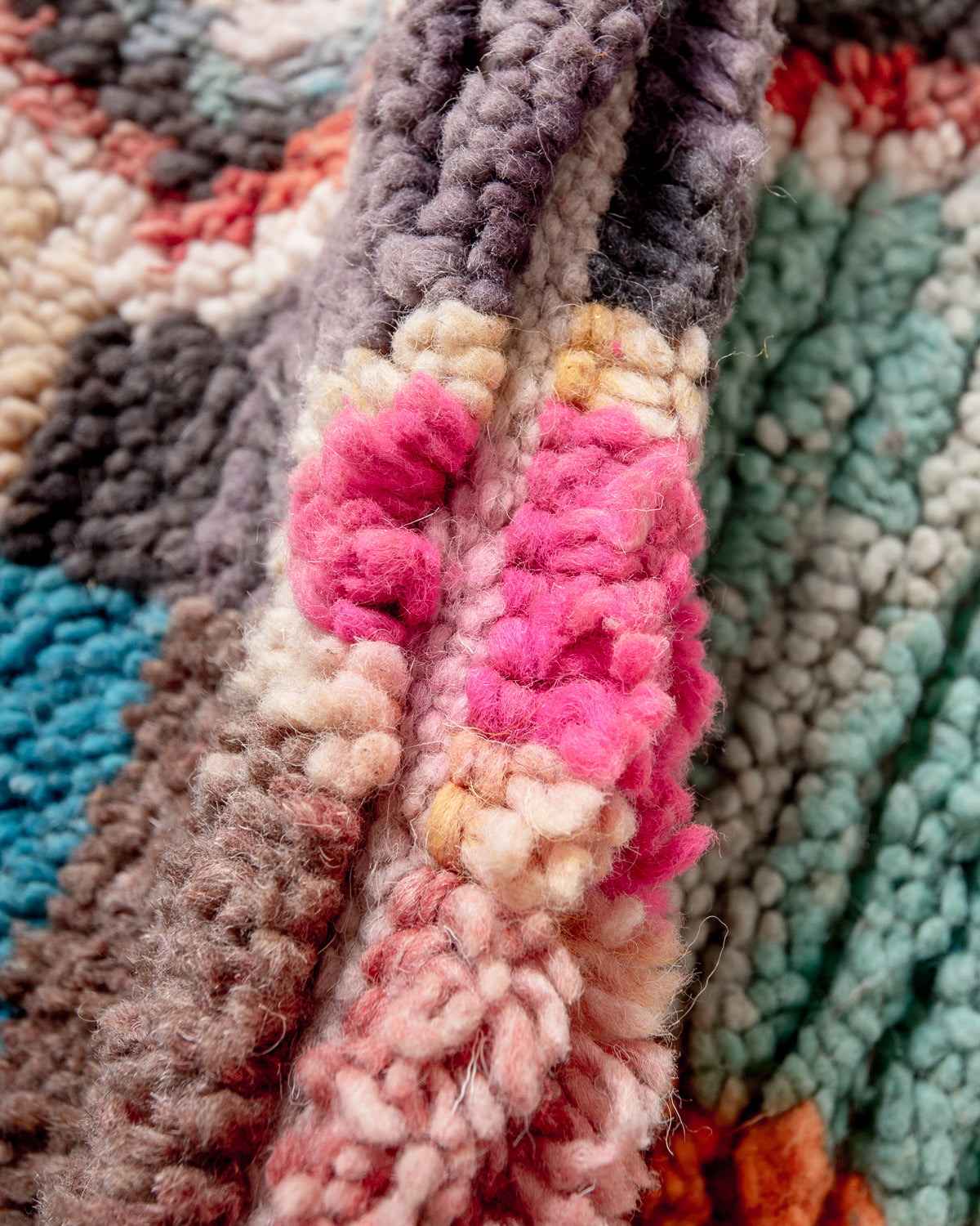 Modern, designer, handcrafted Berber rug from Morocco. Vintage carpet with beautiful colours and patterns and fluffy texture.