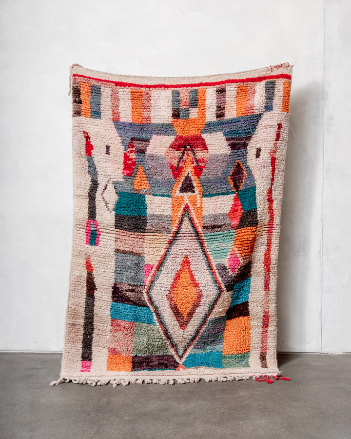 Modern, designer, handcrafted Berber rug from Morocco. Vintage carpet with beautiful colours and patterns and fluffy texture.