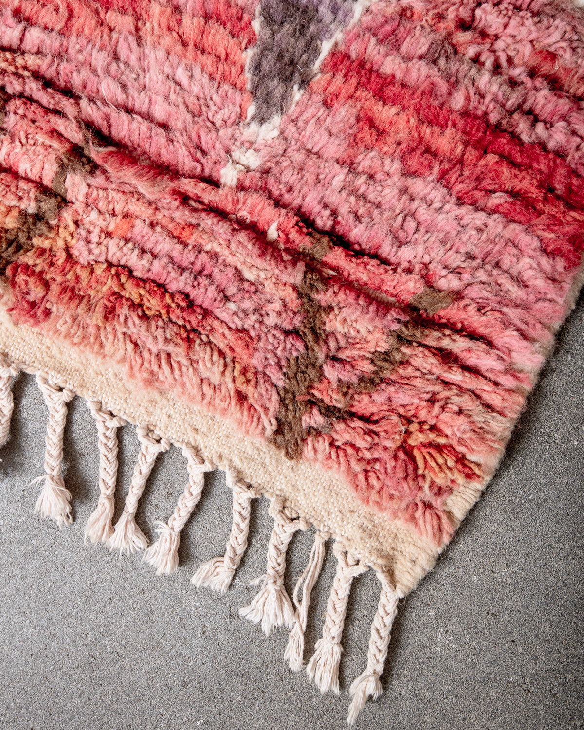 Modern, designer, handcrafted Berber rug from Morocco. Vintage carpet with beautiful colours and patterns and fluffy texture.