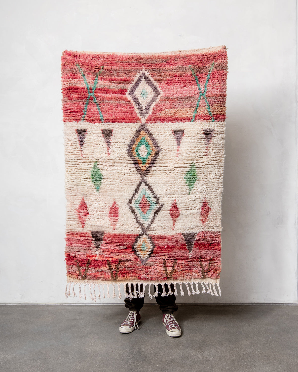 Modern, designer, handcrafted Berber rug from Morocco. Vintage carpet with beautiful colours and patterns and fluffy texture.