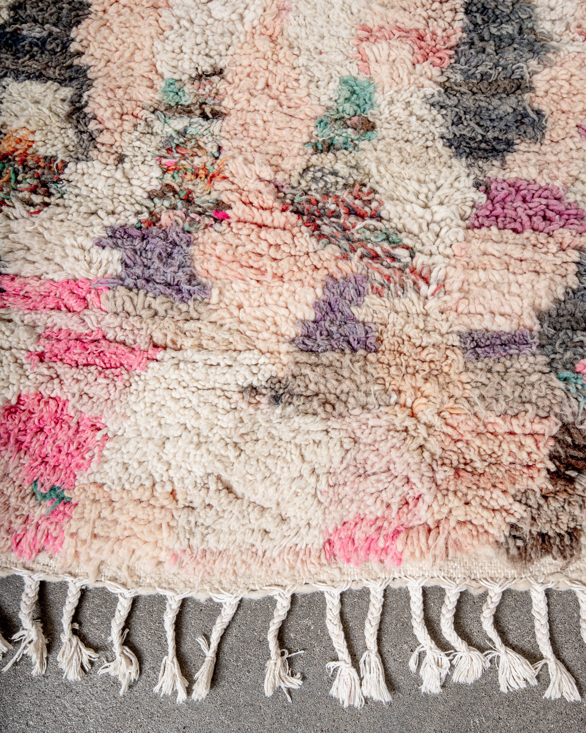 Modern, designer, handcrafted Berber rug from Morocco. Vintage carpet with beautiful colours and patterns and fluffy texture.