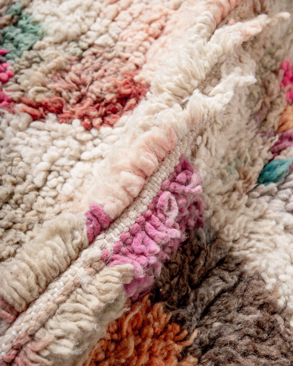 Modern, designer, handcrafted Berber rug from Morocco. Vintage carpet with beautiful colours and patterns and fluffy texture.
