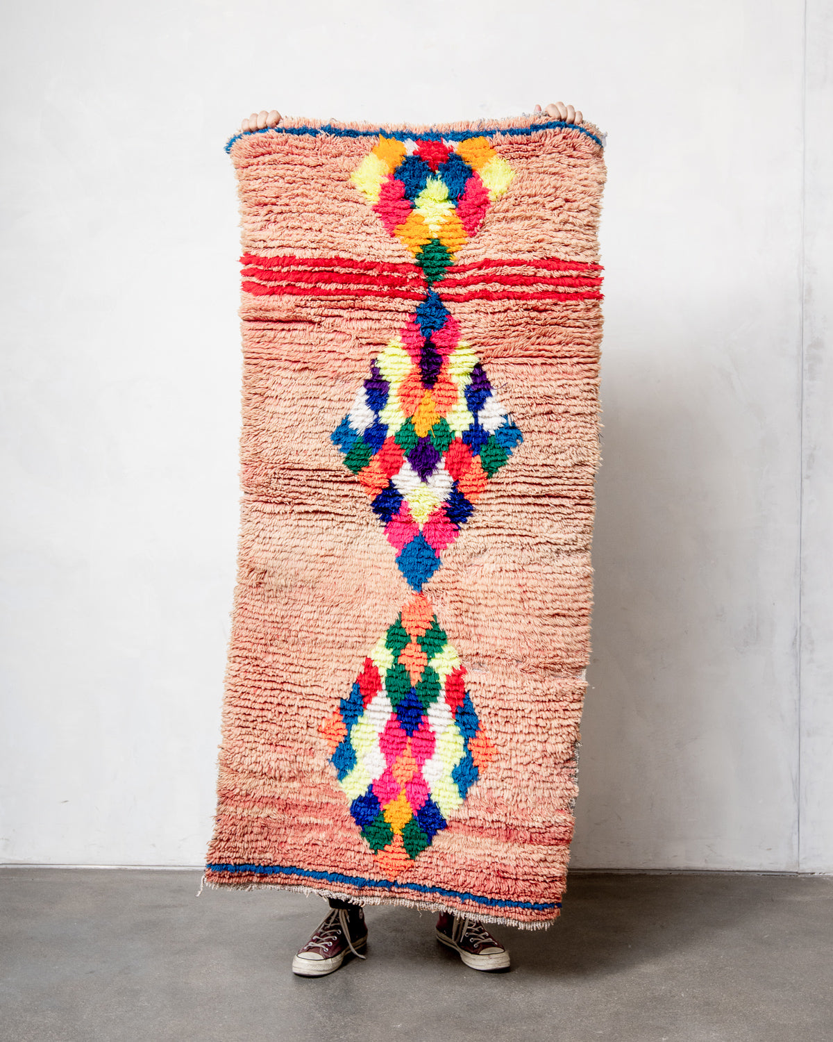 Modern, designer, handcrafted Berber runner rug from Morocco. Vintage carpet with beautiful colours and patterns and fluffy texture.