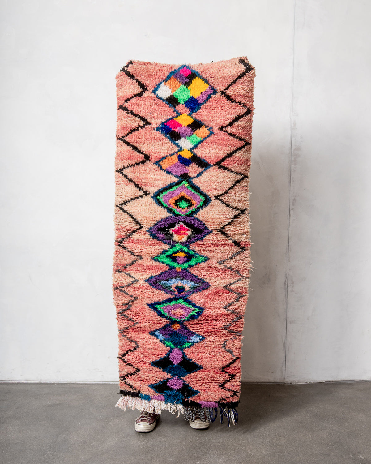 Modern, designer, handcrafted Berber runner rug from Morocco. Vintage carpet with beautiful colours and patterns and fluffy texture.