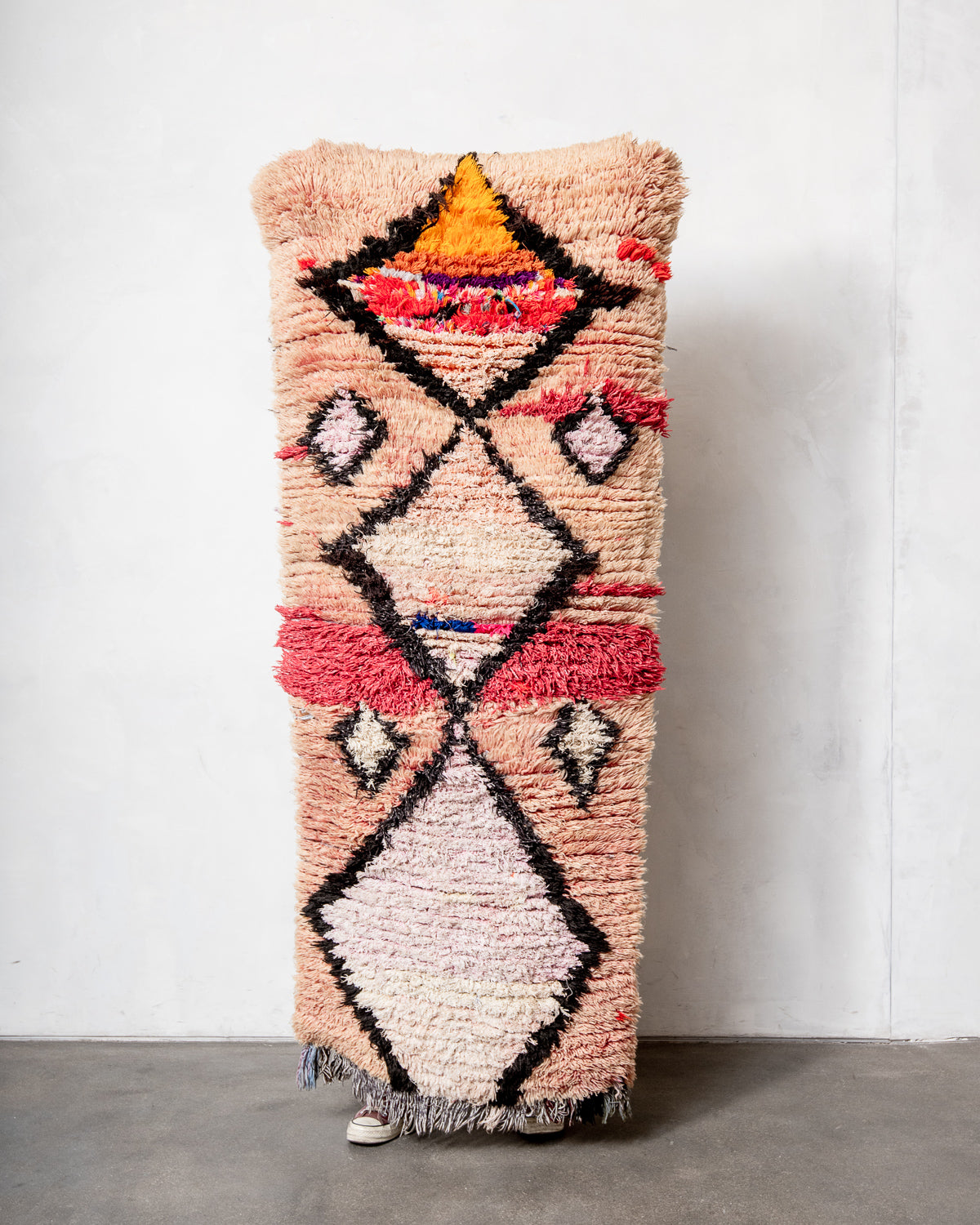 Modern, designer, handcrafted Berber runner rug from Morocco. Vintage carpet with beautiful colours and patterns and fluffy texture.