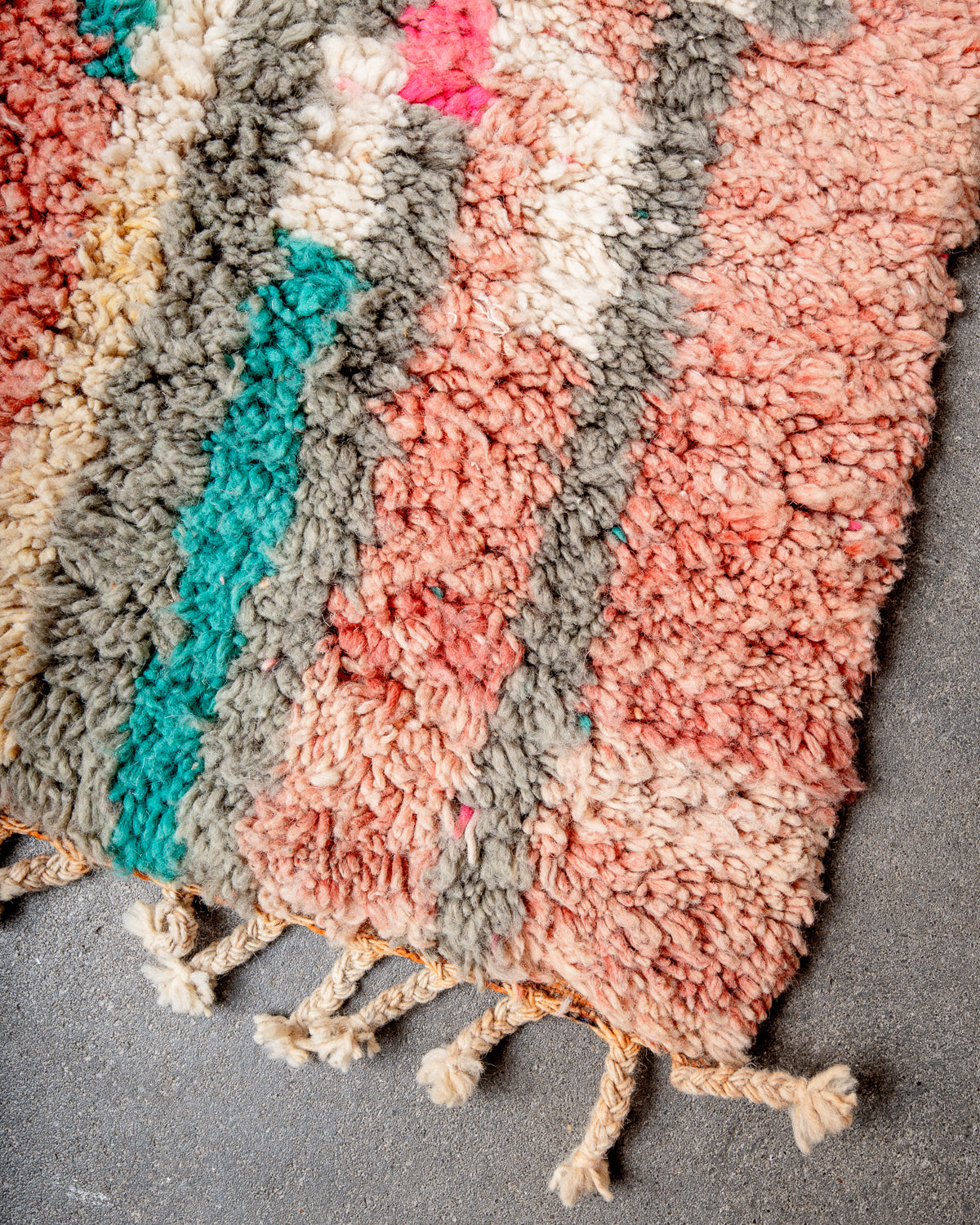 Modern, designer, handcrafted Berber runner rug from Morocco. Vintage carpet with beautiful colours and patterns and fluffy texture.