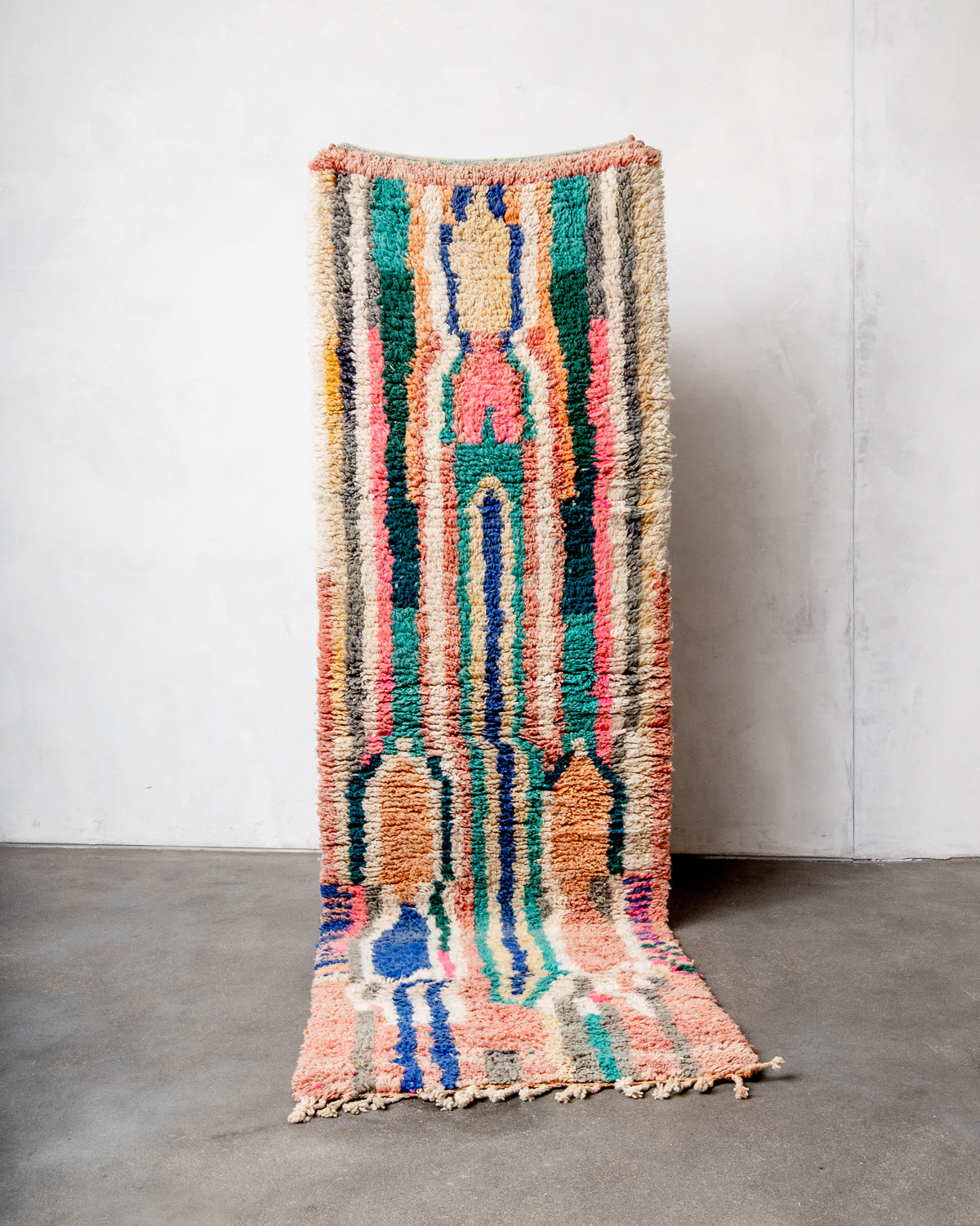 Modern, designer, handcrafted Berber runner rug from Morocco. Vintage carpet with beautiful colours and patterns and fluffy texture.