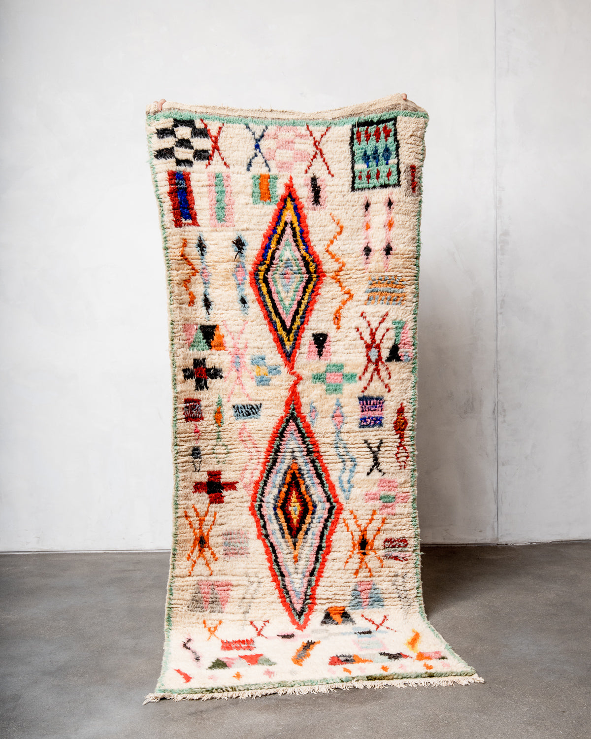 Modern, designer, handcrafted Berber runner rug from Morocco. Vintage carpet with beautiful colours and patterns and fluffy texture.